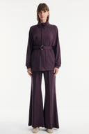 Belt-Detail Stand-Up Collar Set with Comfortable Trousers - Burgundy
