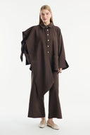 Shawl Collar Detailed Cupra Pant Set - Coffee