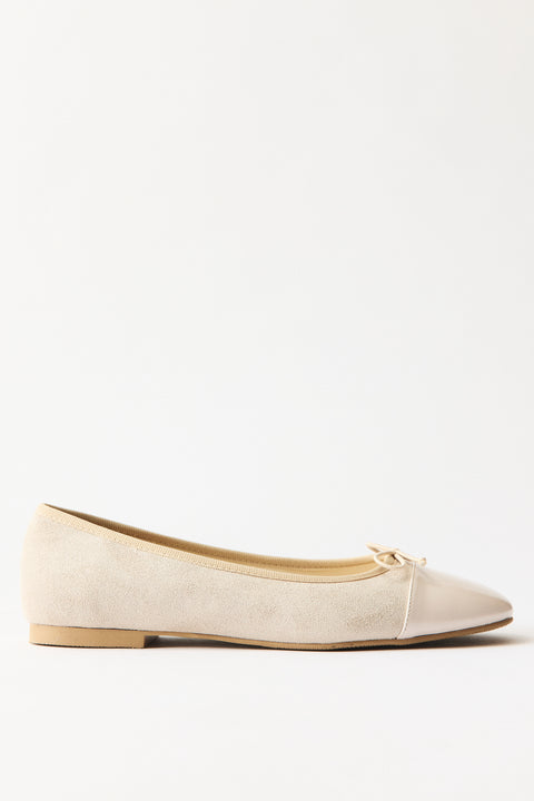 Genuine Suede Ballerina Flats with Bow - Stone