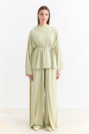 Two-Piece Set with Piping Detail and Belt - Sage Green