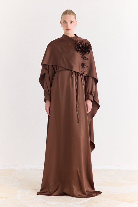 Alya Cape Detail Floral Evening Dress - Chocolate