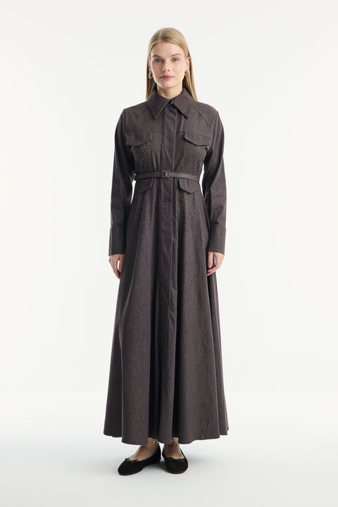 Detailed Pocket Flap Denim Dress - Brown