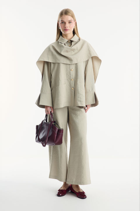 Shawl Collar Detail Cupra Trouser Set - Beige