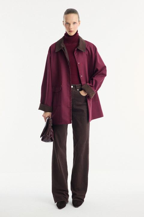 Contrast Collar and Striped Detail Jacket - Burgundy