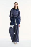 Wide Collar Trimmed Wide-Leg Trouser Set - Navy Blue