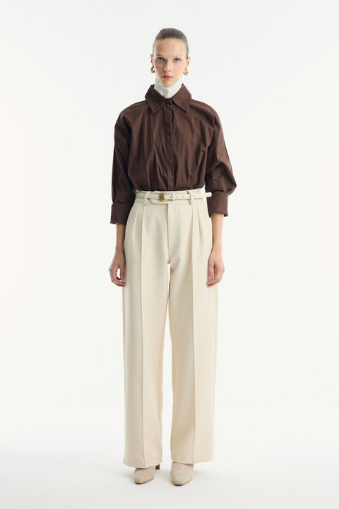Double Crepe Straight Cut Trousers - Beige