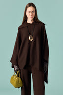 Collar Detail Wide-Sleeve Knit Set with Trousers - Bitter Brown