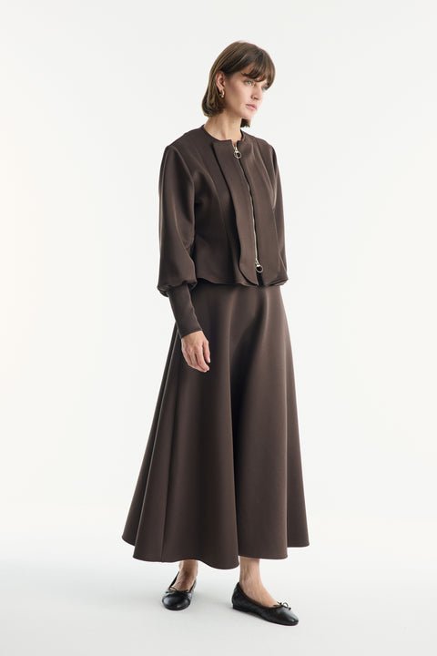 Zipper Detailed Flared Skirt Scuba Set - Coffee