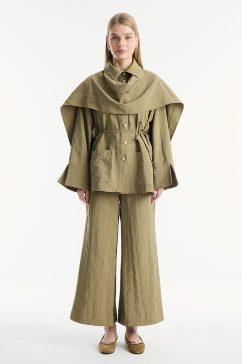 Shawl Collar Detailed Cupro Pants Set - Khaki