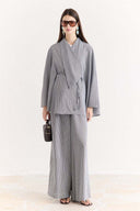 Notched Collar Striped Trouser Suit - Brown