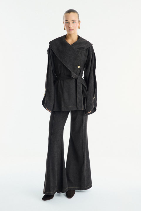 Gold Button Detail Denim Suit - Brown