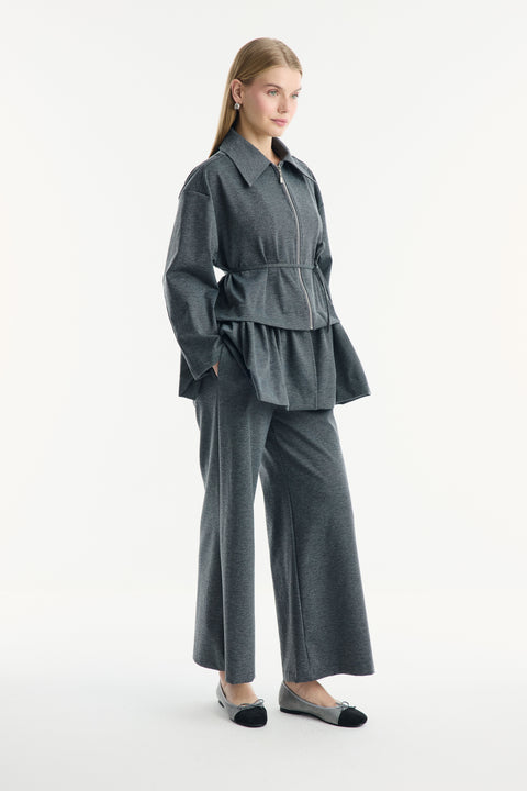 Ruffle-Look Zippered Trousers Set - Anthracite