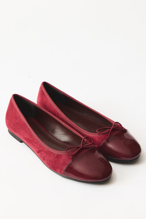 Genuine Suede Ballet Flats with Bow - Burgundy