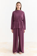Biye Kuşaklı Basic Pantolonlu Takım - Mürdüm