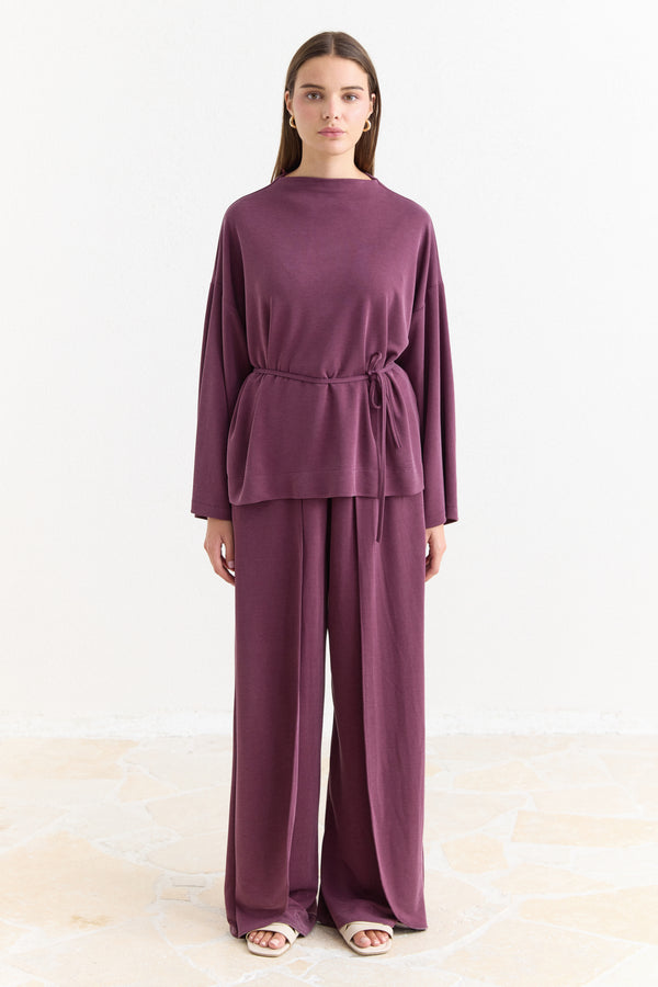 Biye Kuşaklı Basic Pantolonlu Takım - Mürdüm