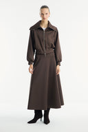 Stone-Embellished Collar Zippered Scuba Skirt Set - Coffee