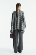 Mock Neck Plaid Poncho - Gray