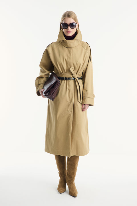 Long Trench Coat with Epaulettes - Camel