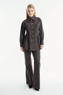 Gold Button Detail Denim Suit - Brown