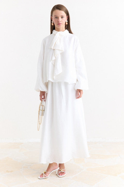 Collar Detail Skirt Set - Ecru