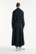 Stone-Embellished Collar Zippered Scuba Skirt Set - Black
