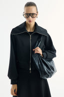 Stone-Embellished Collar Zippered Scuba Skirt Set - Black