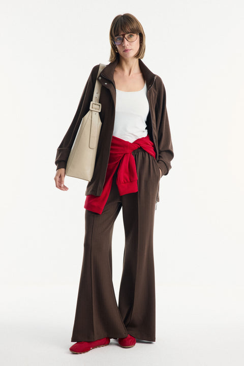 Belt-Detailed High Neck Co-ord Set with Relaxed Trousers - Brown