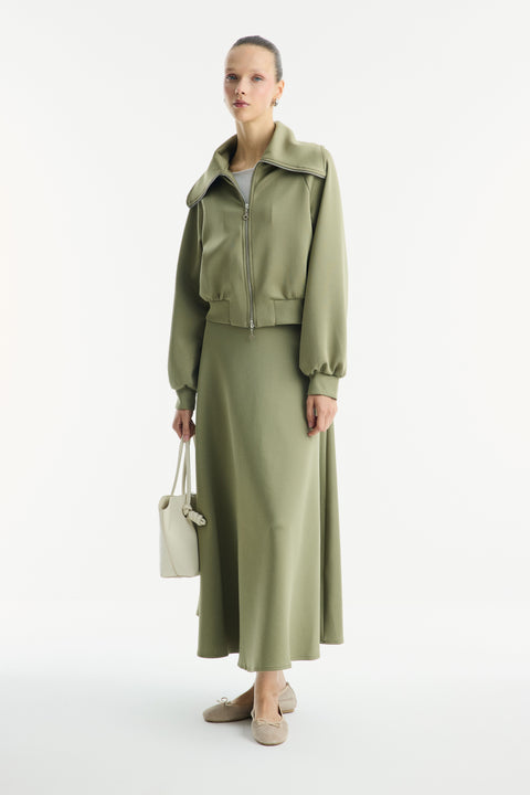 Collared Embellished Zippered Scuba Skirt Set - Khaki