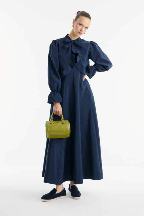 Front Cross Ruffle Detail Dress - Navy Blue