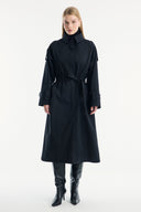 Long Trench Coat with Epaulets - Black