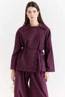 Button-Detailed Linen Trouser Set - Plum