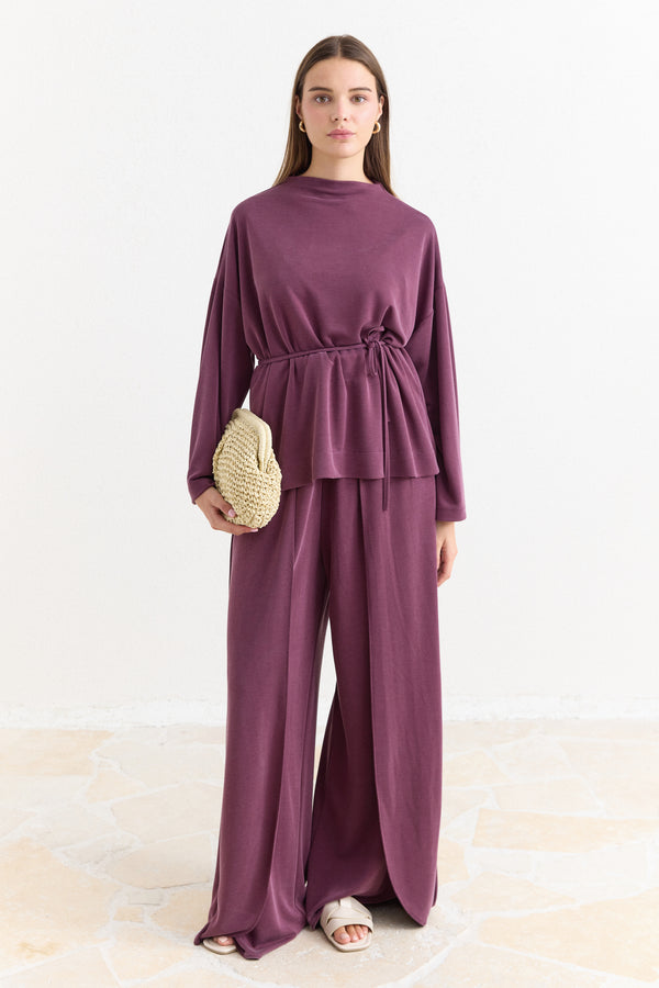 Biye Kuşaklı Basic Pantolonlu Takım - Mürdüm