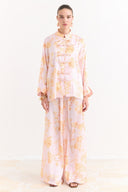 Sophia Satin Printed Yoryo Chiffon Pants Set - Pink