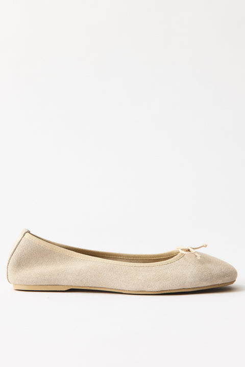 Bow Detail Genuine Suede Leather Ballerinas - Beige