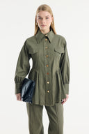 Gold Button Detailed Denim Set - Khaki