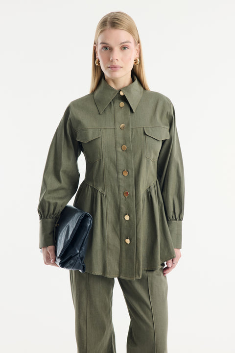 Gold Button Detailed Denim Set - Khaki