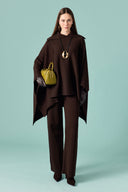 Collar Detail Wide-Sleeve Knit Set with Trousers - Bitter Brown