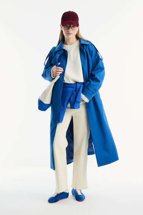 Epauletted Long Trench Coat - royal blue