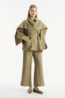 Shawl Collar Detailed Cupro Pants Set - Khaki