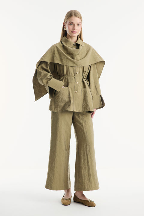 Shawl Collar Detailed Cupro Pants Set - Khaki
