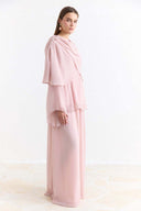 Shoulder Pleat Detail Yoryo Chiffon Pants Set - Pink