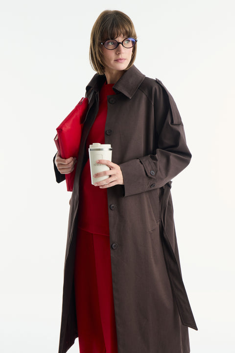 Long Trench Coat with Epaulettes - Brown