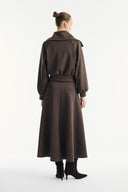 Stone-Embellished Collar Zippered Scuba Skirt Set - Coffee