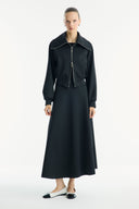 Stone-Embellished Collar Zippered Scuba Skirt Set - Black