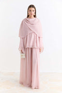 Shoulder Pleat Detail Yoryo Chiffon Pants Set - Pink