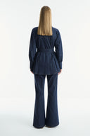 Gold Button Detailed Denim Set - Navy Blue