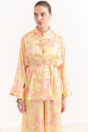 Sophia Satin Printed Yoryo Chiffon Pants Set - Yellow