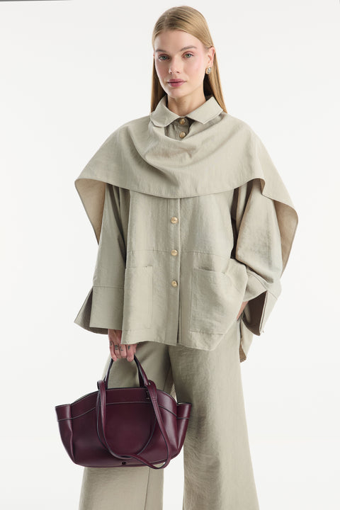 Shawl Collar Detail Cupra Trouser Set - Beige