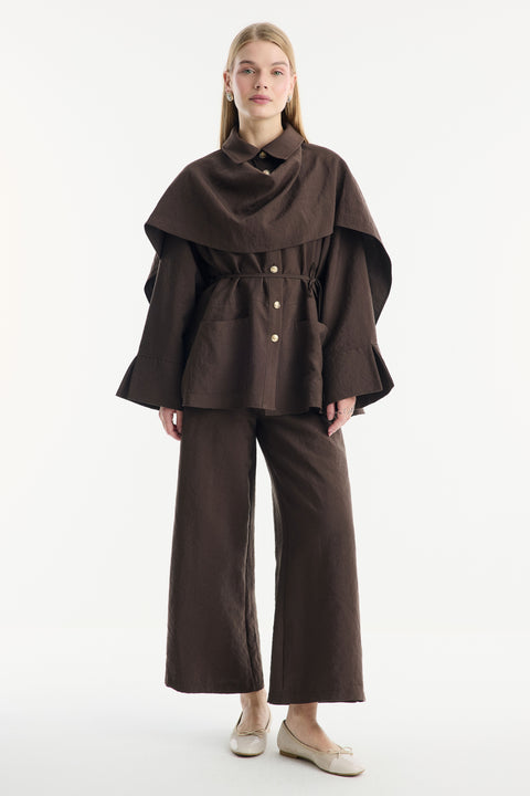Shawl Collar Detailed Cupra Pant Set - Coffee