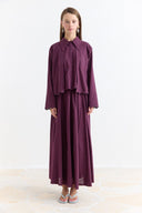 Cuffed Embroidered Detail Linen Skirt Set - Plum